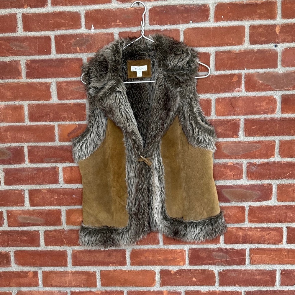 Vintage genuine tan Leather faux fur vest